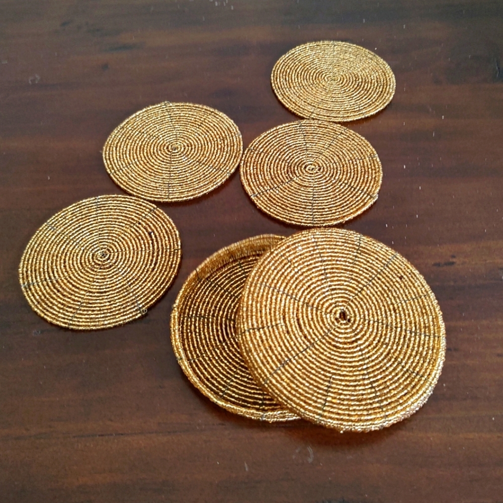 VTG Pier 1 Set Of Four Gold Beaded Coasters With Beaded Holder
